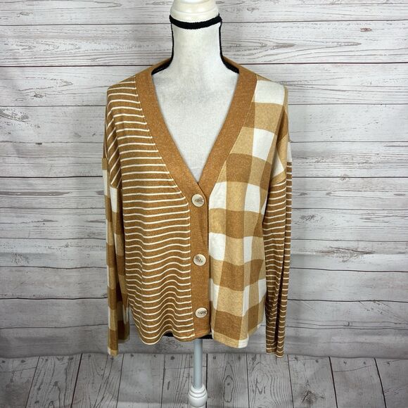 Maurices Sweaters - Maurices Mixer Cardigan Size Large Tan White Plaid Striped Long Sleeve
